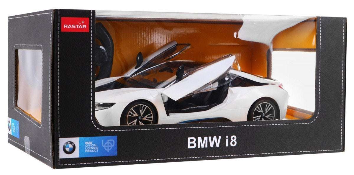 Zdalnie sterowany biały model BMW i8 1:14 od RASTAR w opakowaniu dla kolekcjonerów