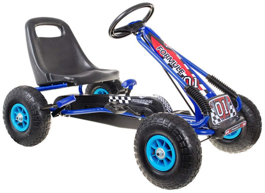 Niebieski gokart na pedały dla dzieci 3+ z pompowanymi oponami i regulowanym fotelem
