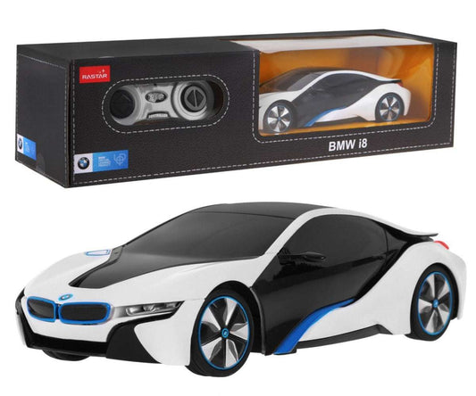 BMW i8 zdalnie sterowane auto RASTAR skala 1:24 biały model z pilotem 2.4 GHz, realistyczny i trwały, gumowe koła, detale BMW i8.