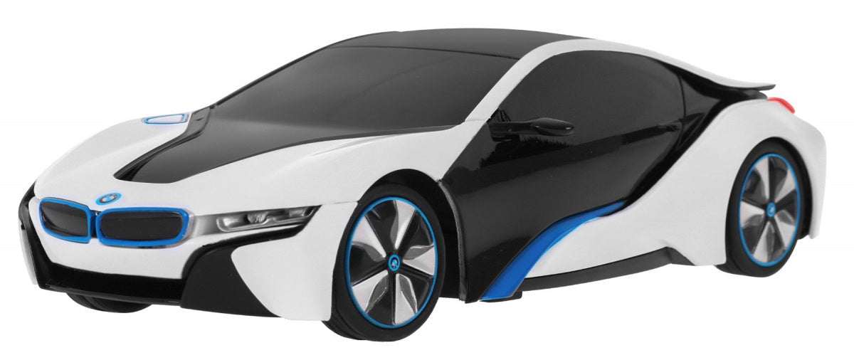 BMW i8 zdalnie sterowane auto w skali 1:24 z białym lakierem i niebieskimi akcentami