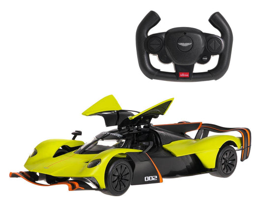 RC samochód Aston Martin Valkyrie AMR Pro zielony zdalnie sterowany model 1:14 z otwieranymi drzwiami i pilotem sterującym