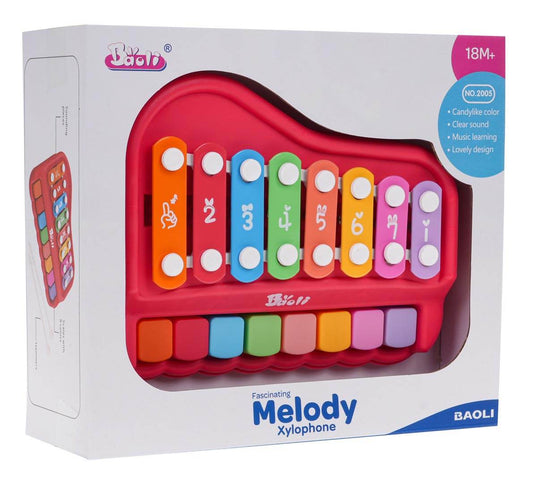 Pianinko Cymbałki Czerwone 2w1 dla dzieci od 18 miesięcy, muzyczna zabawka edukacyjna z pianinkiem i cymbałkami, kolorowy ksylofon rozwijający słuch i koordynację ruchową.