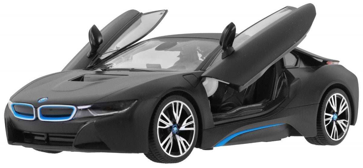 BMW i8 czarne zdalnie sterowane auto RASTAR model 1:14 z otwieranymi drzwiami i detalami LED