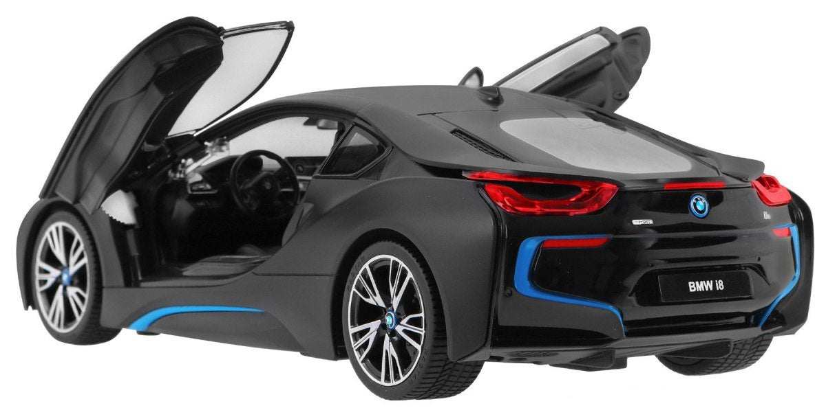Czarne BMW i8 zdalnie sterowane z otwartymi drzwiami, model RASTAR 1:14 z detalami i niebieskimi akcentami.