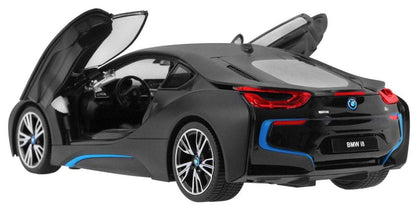 Czarne BMW i8 zdalnie sterowane z otwartymi drzwiami, model RASTAR 1:14 z detalami i niebieskimi akcentami.