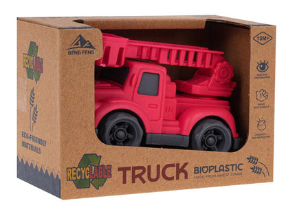 EKO Pojazd Straż Pożarna zabawka straż pożarna z bioplastiku dla dzieci, ekologiczny czerwony pojazd z ruchomymi kołami i wysięgnikiem, bezpieczny i trwały.