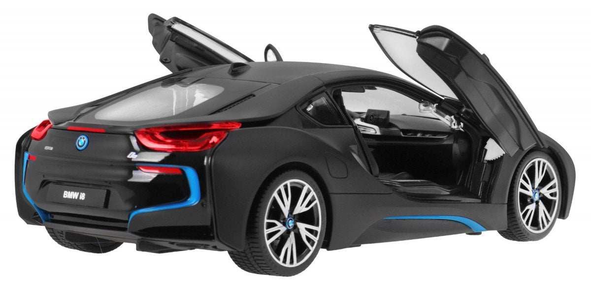 BMW i8 czarne zdalnie sterowane auto RASTAR 1:14 z otwieranymi drzwiami i realistycznymi detalami
