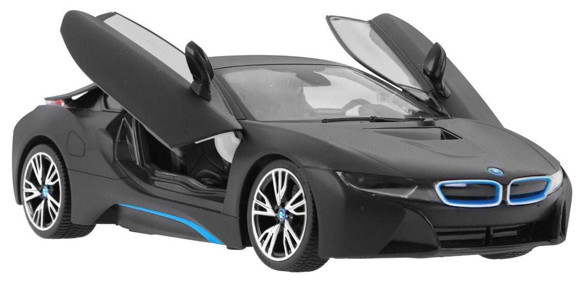 Czarne zdalnie sterowane auto BMW i8 RASTAR z otwieranymi drzwiami i detalami LED, skala 1:14.