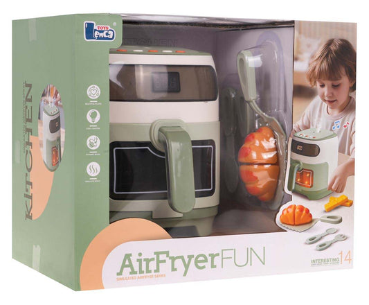 Interactive toy airfryer with sound and light effects for kids in packaging