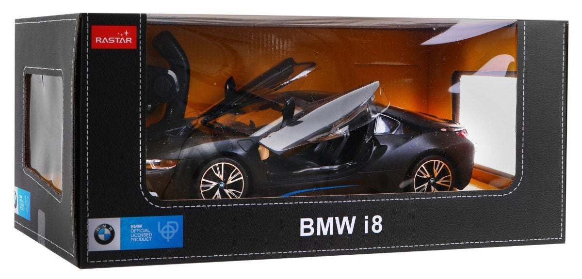 BMW i8 czarne zdalnie sterowane auto RASTAR w skali 1:14 z otwieranymi drzwiami i pilotem
