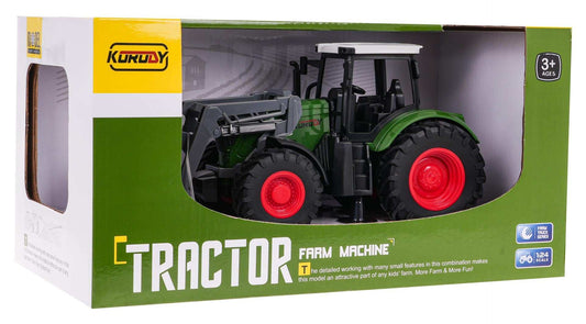 Zielony traktor zabawka 1:24 ze Spychem dla dzieci 3+, realistyczne detale, duże gumowe opony