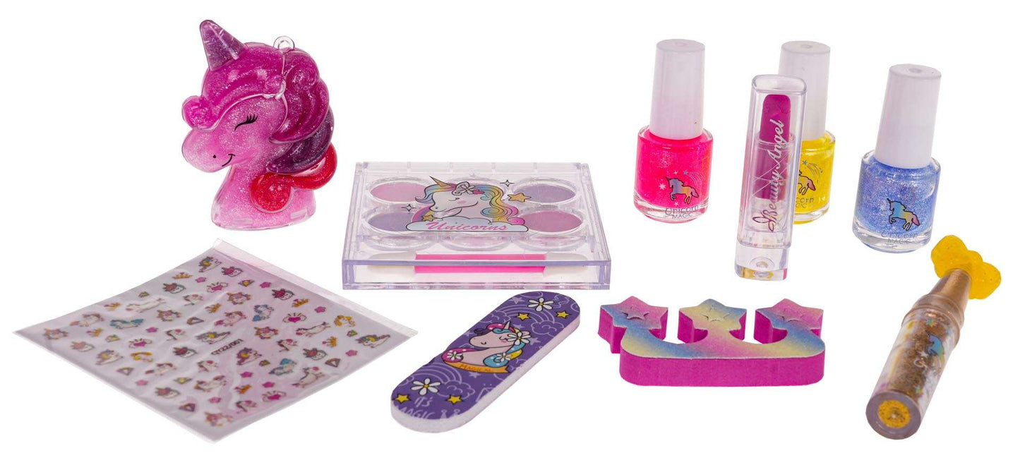 Zestaw do paznokci dla dzieci z motywem jednorożca, brokatowe lakiery, szminka, cienie do powiek i akcesoria do manicure