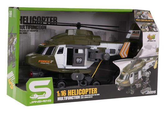 Helikopter ratunkowy 1:16 zabawka wojskowa interaktywna z otwieranymi drzwiami, ruchomym hakiem, światłami LED i dźwiękami dla dzieci.
