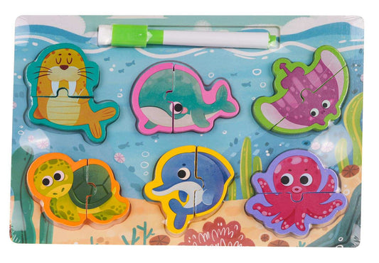Drewniana Tablica Puzzle ocean dwustronna dla dzieci z motywem morskich zwierząt i pisakiem do rysowania