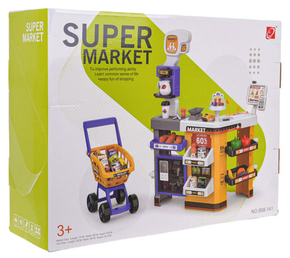 Mega Supermarket Akcesoria interaktywny zestaw dzieci z kasą, koszykiem i 64 elementami do zabawy w sklep dla dzieci 3+