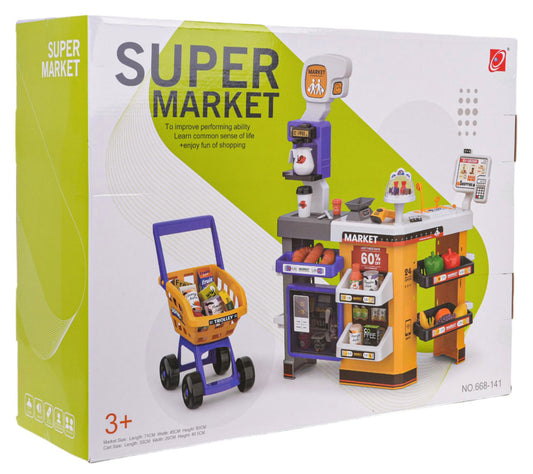 Mega Supermarket Akcesoria interaktywny zestaw dzieci z kasą, koszykiem i 64 elementami do zabawy w sklep dla dzieci 3+
