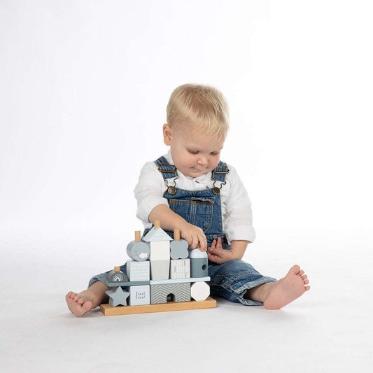Child playing with Label Label blue wooden block house toy set