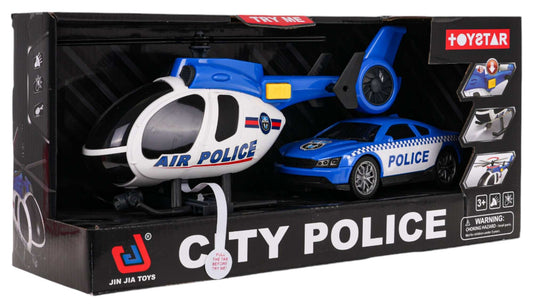Interaktywny zestaw helikopter policja z autkiem dla dzieci ponad 3 lat, z efektami świetlnymi i dźwiękowymi.