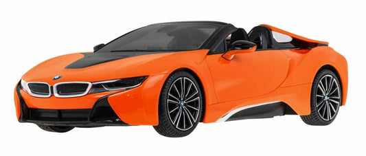 Orange BMW i8 Roadster RC model car with black details and realistic 1:12 scale design