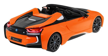 BMW i8 Roadster RC model car in orange with black accents, 1:12 scale, detailed remote control toy