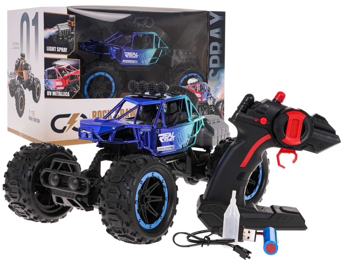 Blue RC Crawler toy truck with remote control, smoke function, and rugged tires for children aged 3 and up