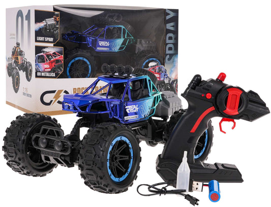 Blue RC Crawler toy truck with remote control, smoke function, and rugged tires for children aged 3 and up