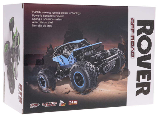 Rover 1:16 Crawler R/C blue remote control off-road vehicle with metal body and 4WD terrain tires.