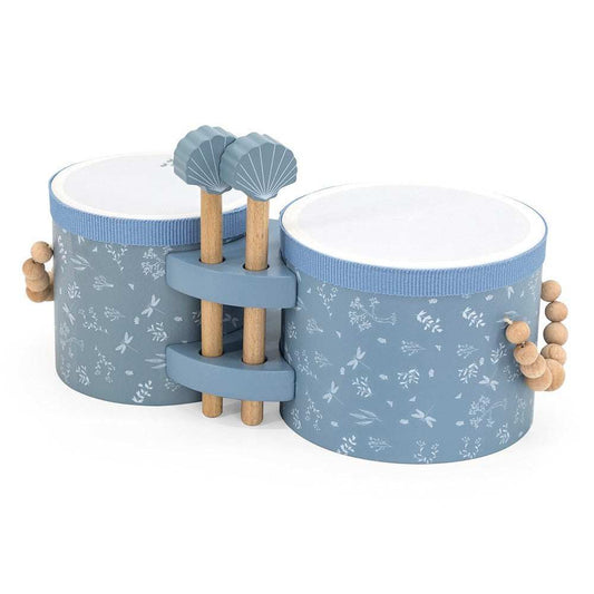 Label Label blue wooden bongos with mallets for children's musical play and rhythm development