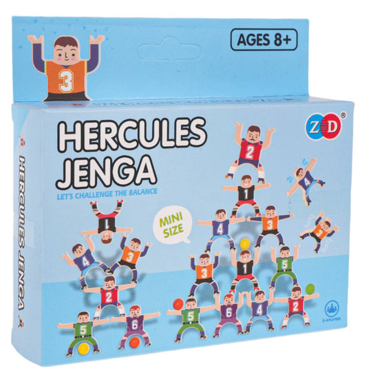 Gra Zręcznościowa Balans Hercules Jenga niebieska wersja do zabawy rodzinnej z figurkami i piłeczkami.