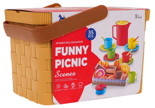 Zestaw Piknikowy 35el. dla dzieci z koszykiem, dzbankiem, filiżankami i talerzykami do zabawy na świeżym powietrzu