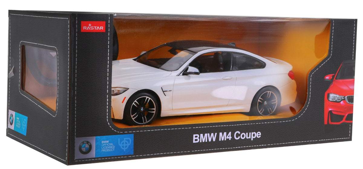 Biały model BMW M4 Coupe 1:14 RASTAR zdalnie sterowany, szczegółowe odwzorowanie, wytrzymały ABS, precyzyjne sterowanie 2,4 GHz, idealny dla pasjonatów RC samochodów.