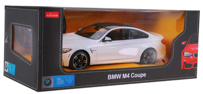 Biały model BMW M4 Coupe 1:14 RASTAR zdalnie sterowany, szczegółowe odwzorowanie, wytrzymały ABS, precyzyjne sterowanie 2,4 GHz, idealny dla pasjonatów RC samochodów.