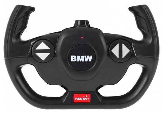 Rastar BMW M4 Coupe black remote control steering wheel with BMW logo and directional buttons