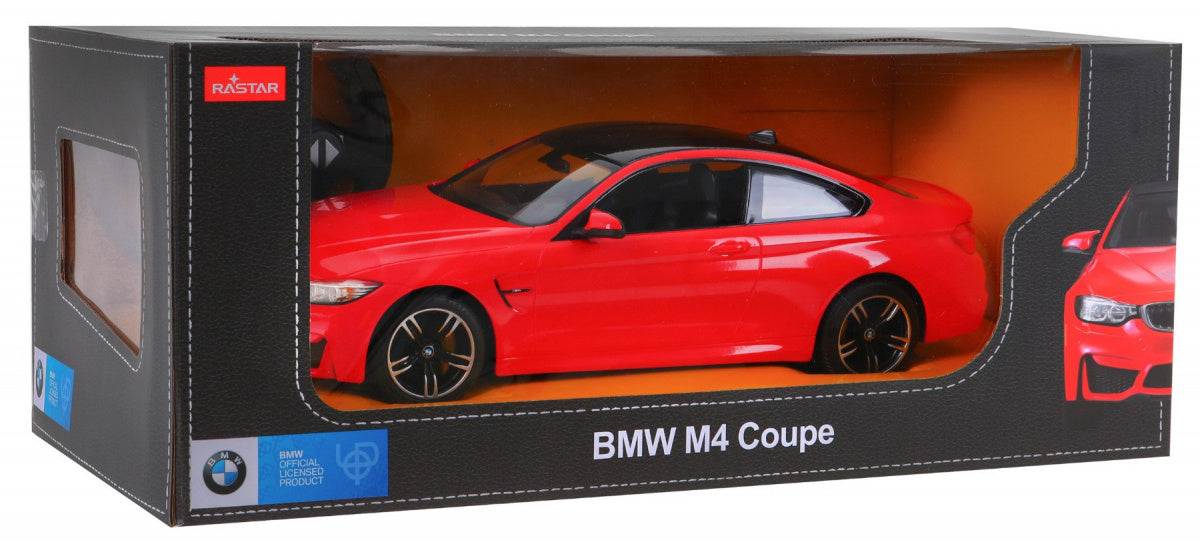 Rastar BMW M4 Coupe red 1:14 scale remote control car in display box with 2.4 GHz controller and LED lights