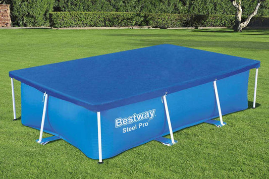 Pokrywa do basenu stelażowego Bestway 259x170 cm w niebieskim kolorze, chroniąca przed zanieczyszczeniami i utratą ciepła.