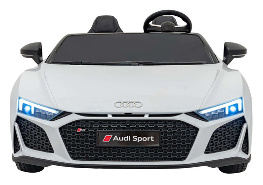 White Audi Spyder R8 kids electric ride-on car with LED lights and dual eco-leather seats