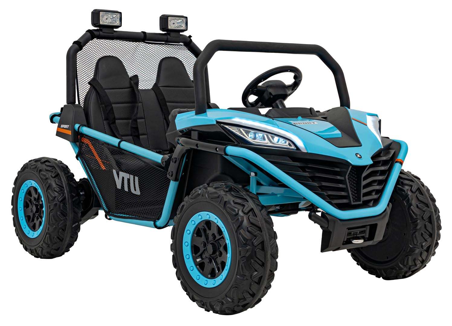 Niebieski elektryczny pojazd buggy Faster 4x4 dla dzieci z dwoma siedzeniami i pilotem zdalnego sterowania