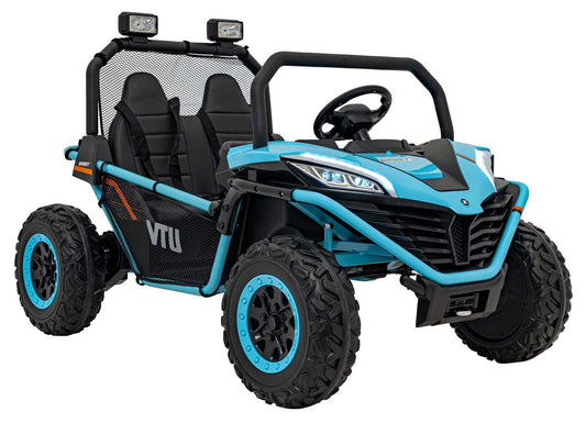 Niebieski elektryczny pojazd buggy Faster 4x4 dla dzieci z dwoma siedzeniami i pilotem zdalnego sterowania