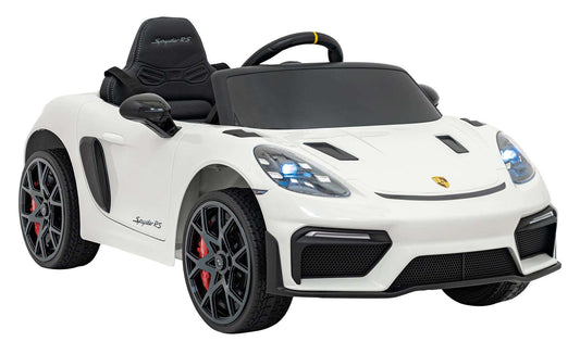 Biały elektryczny pojazd dla dzieci Porsche Spyder RS 718 z realistycznym designem i pilotem 2.4 GHz.