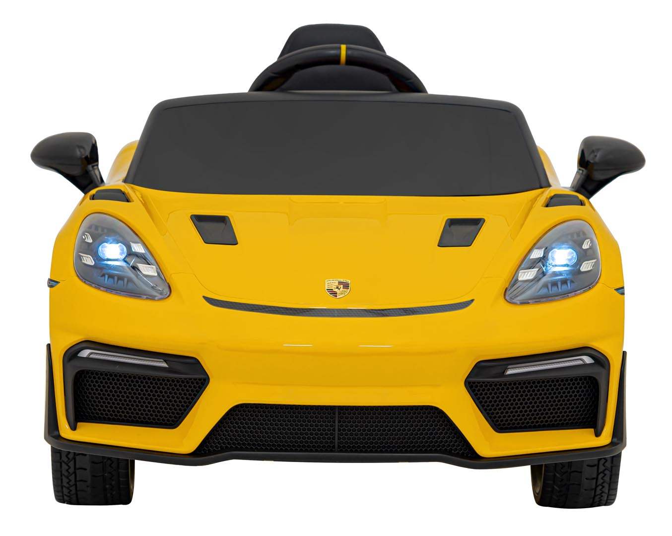 Yellow Porsche Spyder RS 718 electric ride-on car for kids with 12V battery and LED lights