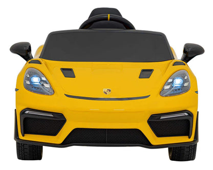 Yellow Porsche Spyder RS 718 electric ride-on car for kids with 12V battery and LED lights