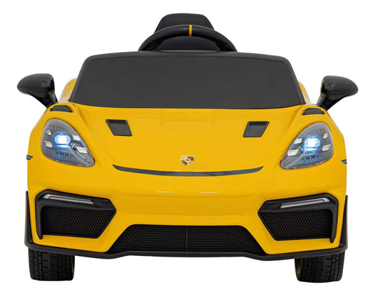 Yellow Porsche Spyder RS 718 electric ride-on car for kids with 12V battery and LED lights