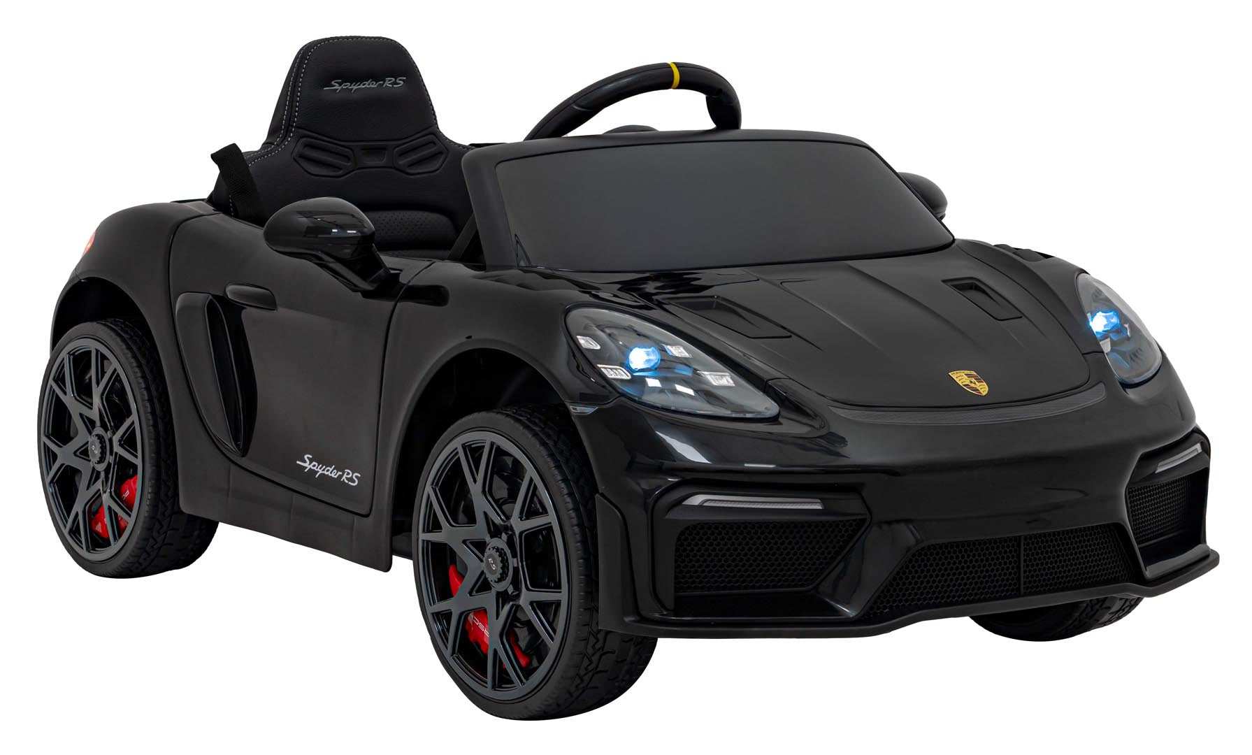 Czarny dziecięcy pojazd Porsche Spyder RS 718 na pilota 12V z realistycznymi światłami LED i sportowym designem