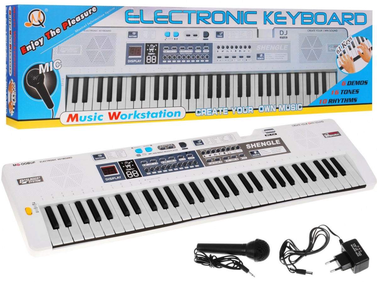 Biały keyboard dla dzieci z mikrofonem, nagrywaniem i funkcją stereo, 61 klawiszy, 16 tonów, 10 rytmów, zasilanie USB, model 008.