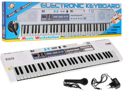 Biały keyboard dla dzieci z mikrofonem, nagrywaniem i funkcją stereo, 61 klawiszy, 16 tonów, 10 rytmów, zasilanie USB, model 008.