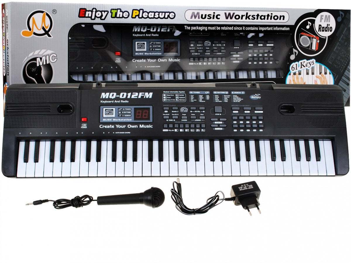 keyboard dla dzieci 61-klawiszowy z mikrofonem nagrywaniem i radiem FM model MQ-012FM czarny edukacyjny instrument muzyczny dla dzieci 5+