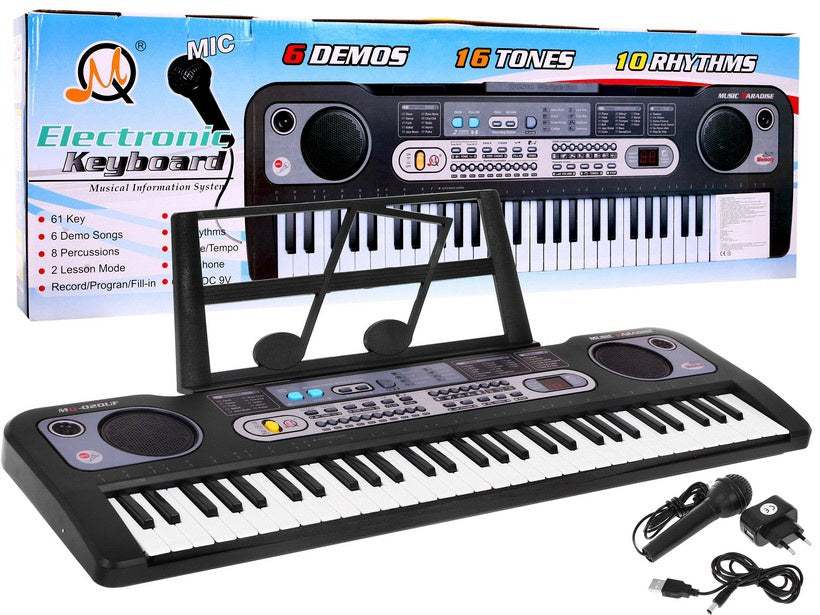 Keyboard Dla Dzieci 61-key electronic keyboard with USB, microphone, MP3, and radio features for kids.