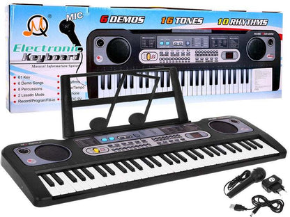 Keyboard Dla Dzieci 61-key electronic keyboard with USB, microphone, MP3, and radio features for kids.