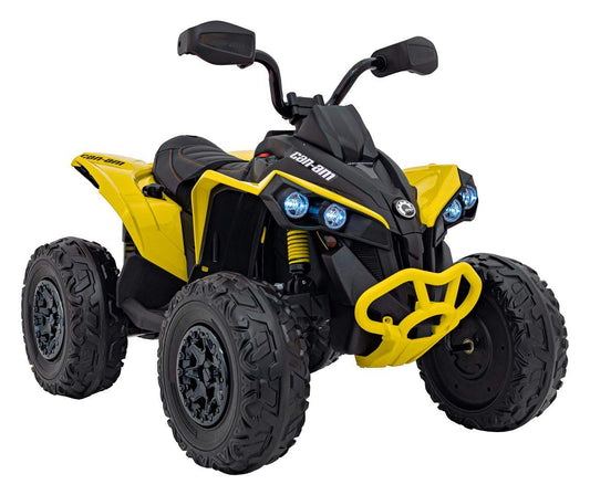 Yellow Quad Maverick ATV for kids with 2x200W motors, Bluetooth, MP3, and off-road tires