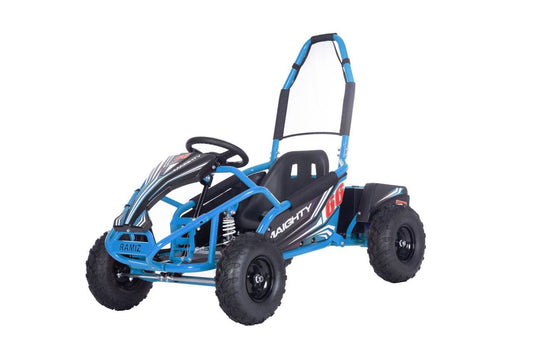 Niebieski Gokart Elektryczny MAIGHTY 1000W dla dzieci z wytrzymałą ramą i sportowym designem